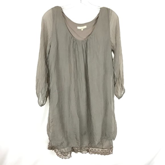 Womens Size Large Prontomoda Giusy Gray Pure Silk Lace Accent Tunic Blouse - Picture 1 of 4